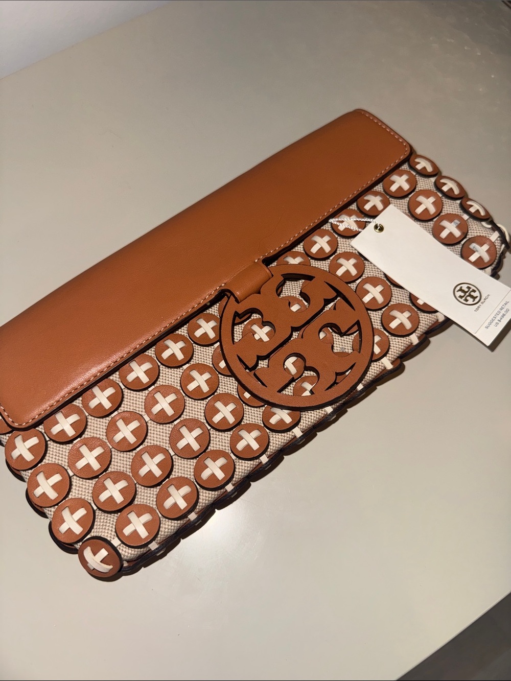 Tory Burch Cognac and Cream Logo Cutout Clutch